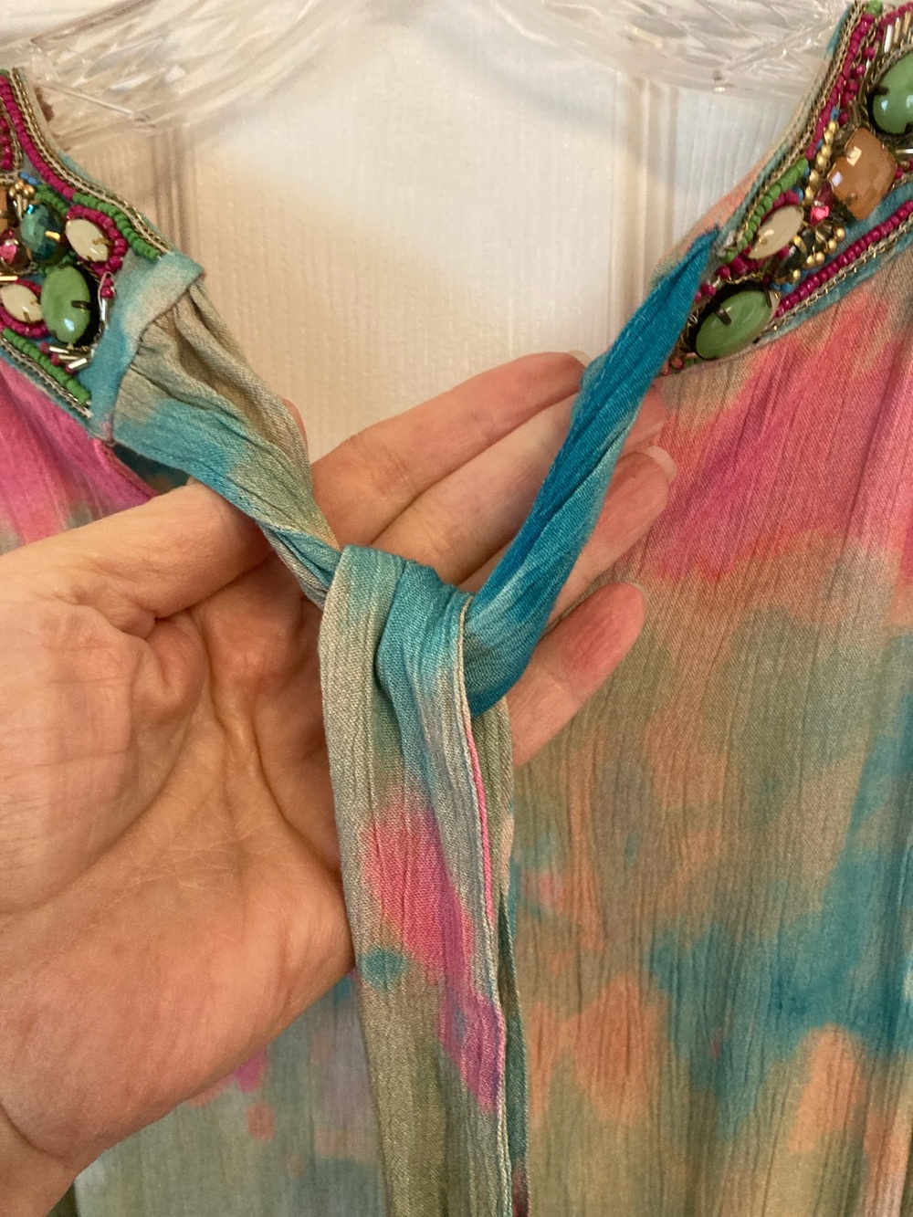 Soft Surroundings Pink, Teal & Cream Beaded Tie-Dye Maxi Verona Dress - Picture 11 of 15